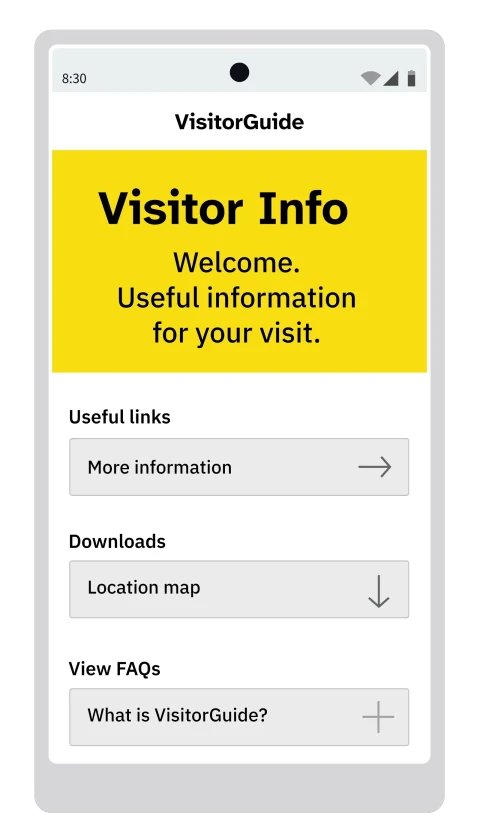 A smartphone displaying a VisitorGuide Guide Page