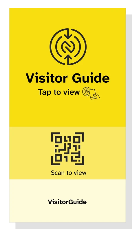A VisitorGuide Counter Card with NFC tap mark and QR code